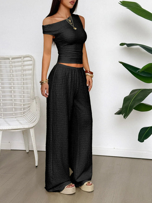 'Fleur' Off Shoulder Top and Wide Leg Pants Set - Celes Fashion